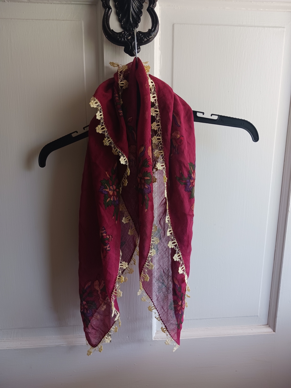 Turkish Oya Style Scarf Vintage Hijab Headscarf Bandana Burgundy Floral Design